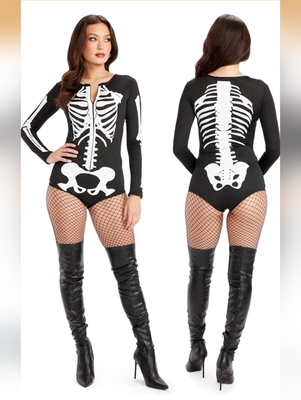 Skeleton Bodysuit Costume Womens Large Black White Halloween Leotard Zip Cosplay